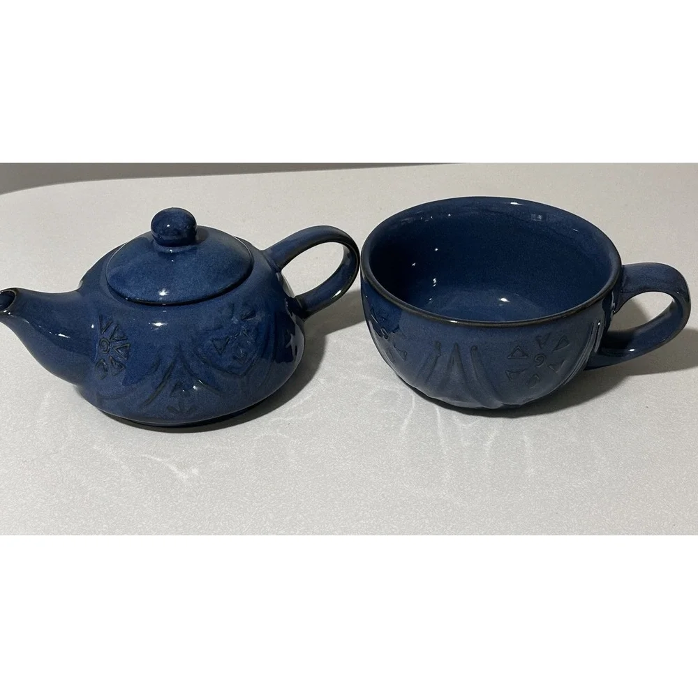 Pier 1 Blue Glazed Stoneware Teapot for One Set Cup w Lid Embossed Floral Boho